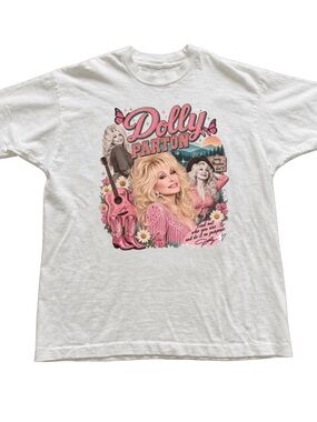 White Dolly Parton Graphic Tee with Pink Accents